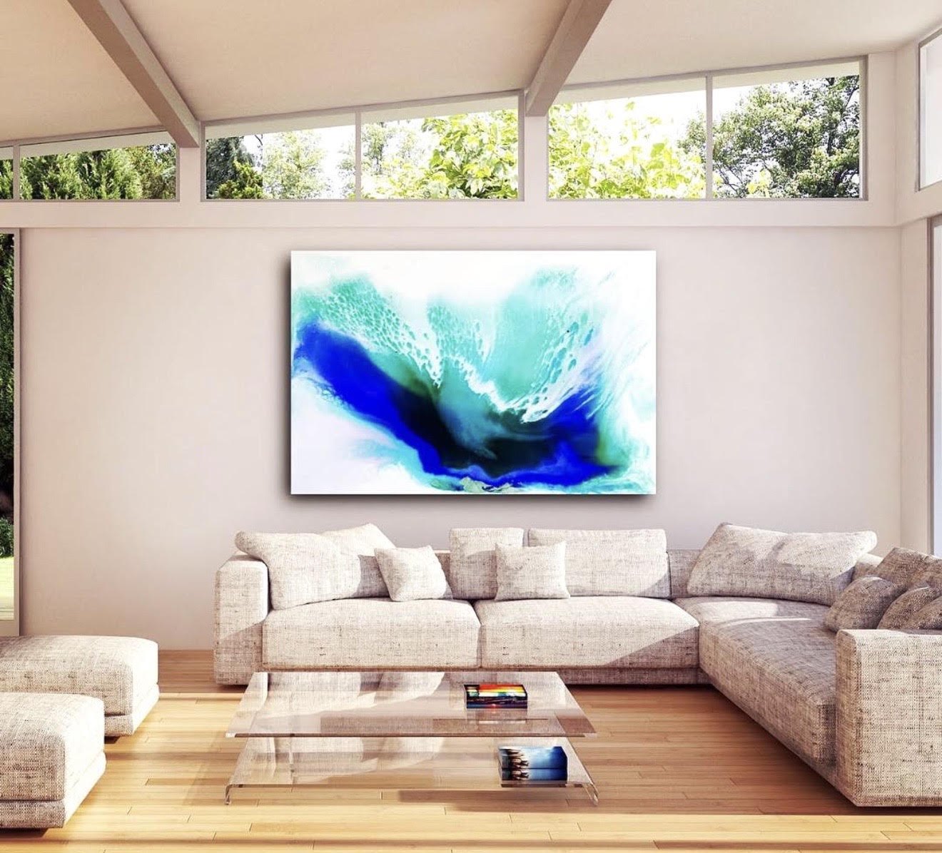 Original abstract painting by Ellie Fox in vivid blues and greens, displayed in a collector's home